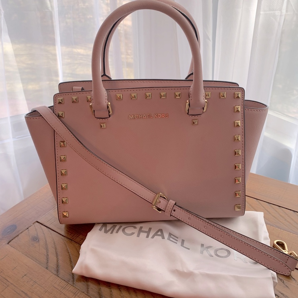 Selma Medium Studded Saffiano Leather Satchel